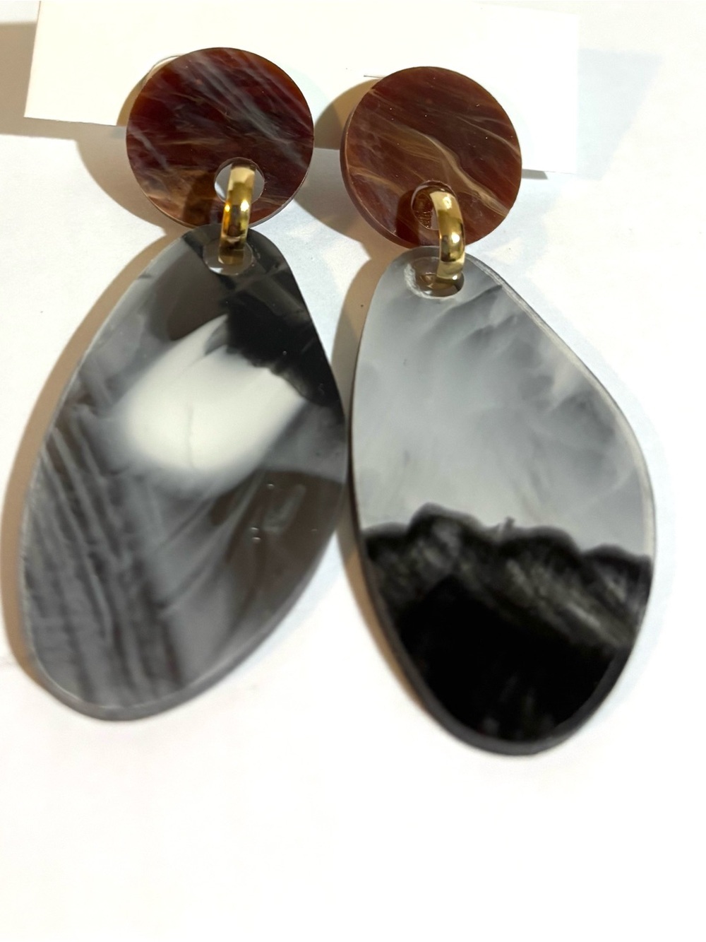 Gold-Accent Black & Brown Resin Drop Earrings